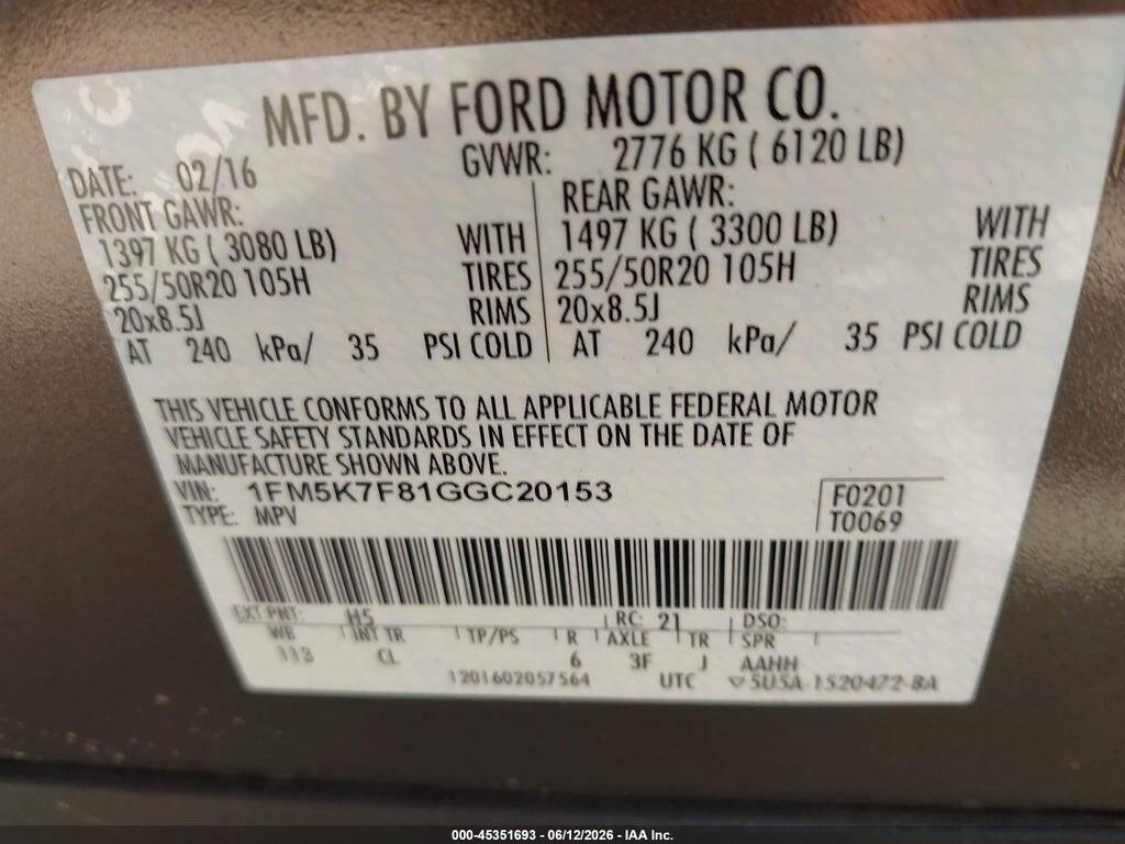1FM5K7F81GGC20153 2016 FORD EXPLORER photo no. 9