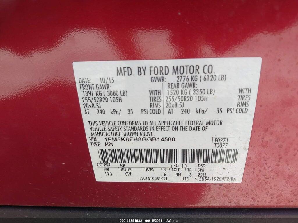 1FM5K8FH8GGB14580 2016 FORD EXPLORER photo no. 9