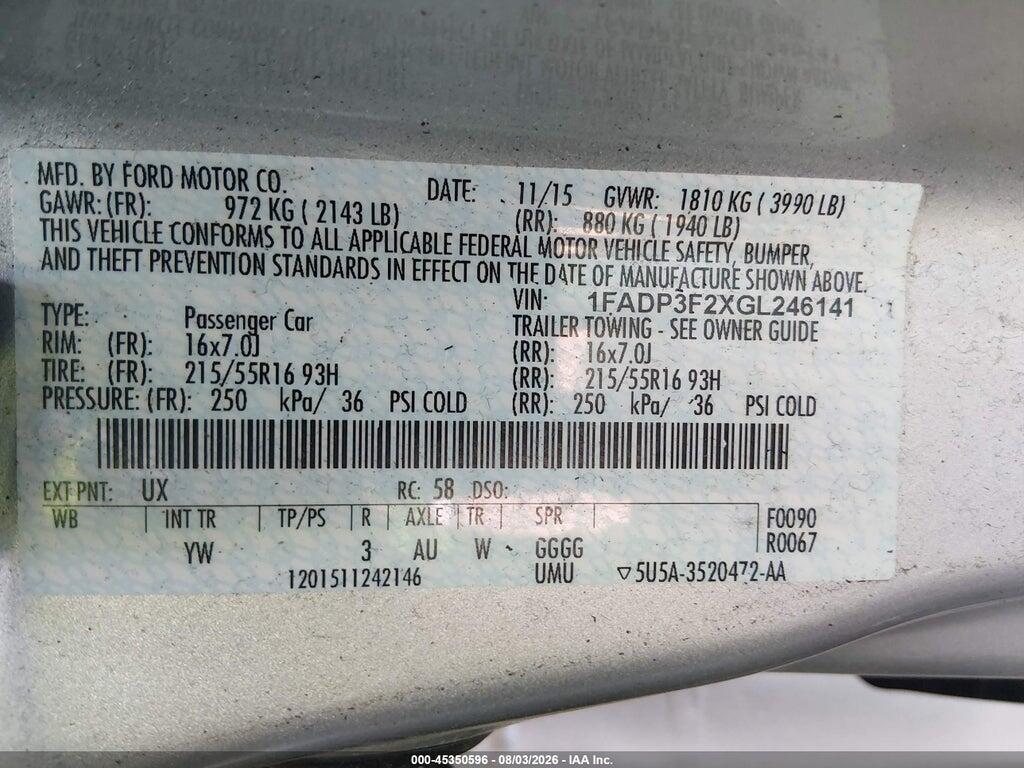 1FADP3F2XGL246141 2016 FORD FOCUS photo no. 9