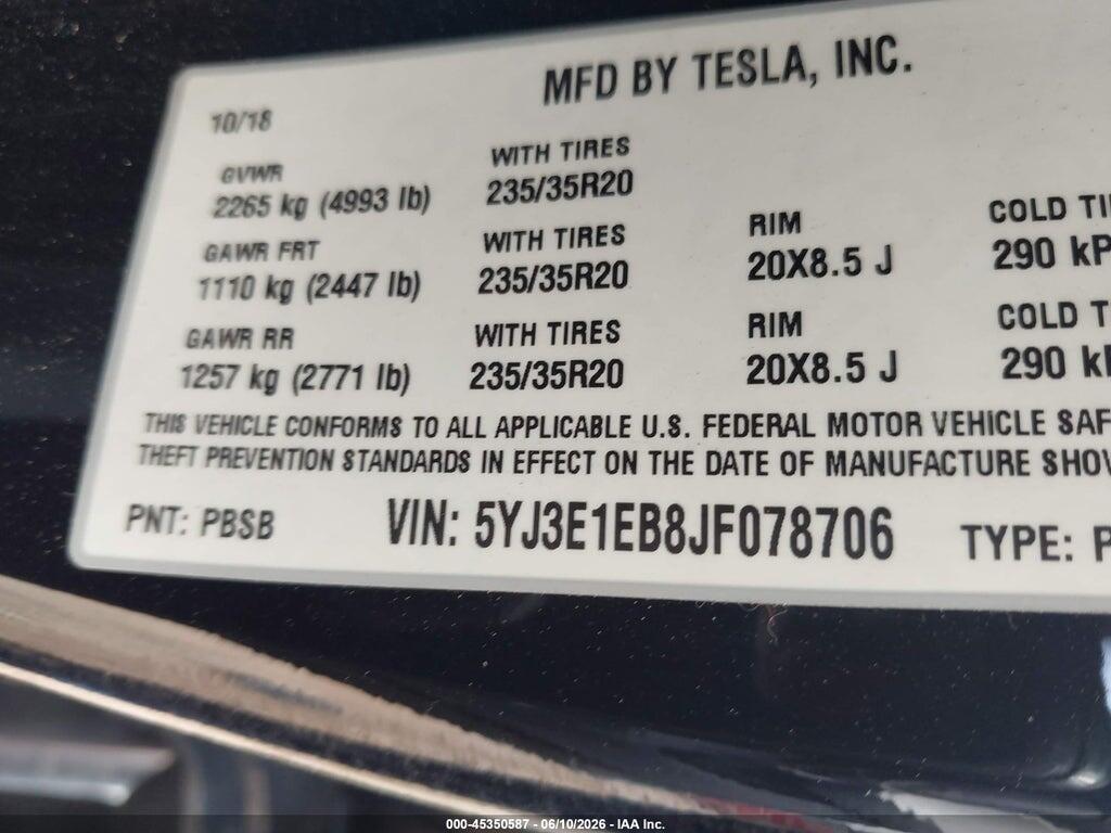 5YJ3E1EB8JF078706 2018 TESLA MODEL 3 photo no. 9