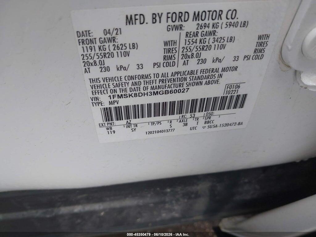1FMSK8DH3MGB60027 2021 FORD EXPLORER photo no. 9