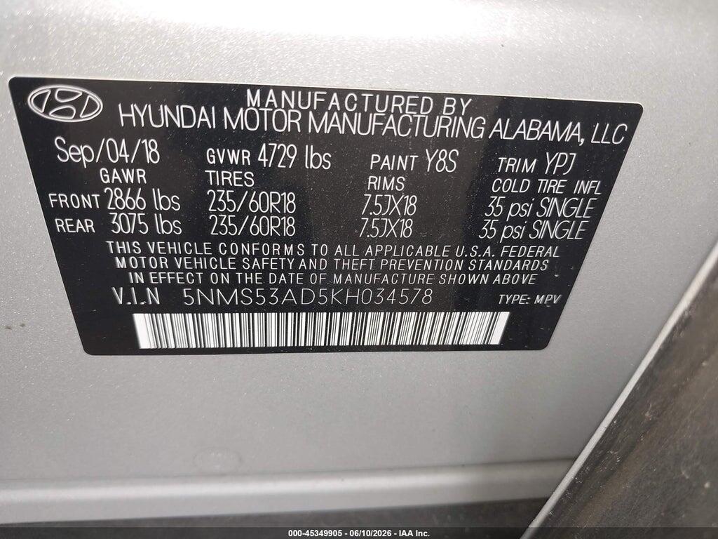 5NMS53AD5KH034578 2019 HYUNDAI SANTA FE photo no. 9