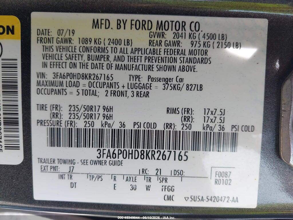 3FA6P0HD8KR267165 2019 FORD FUSION photo no. 9