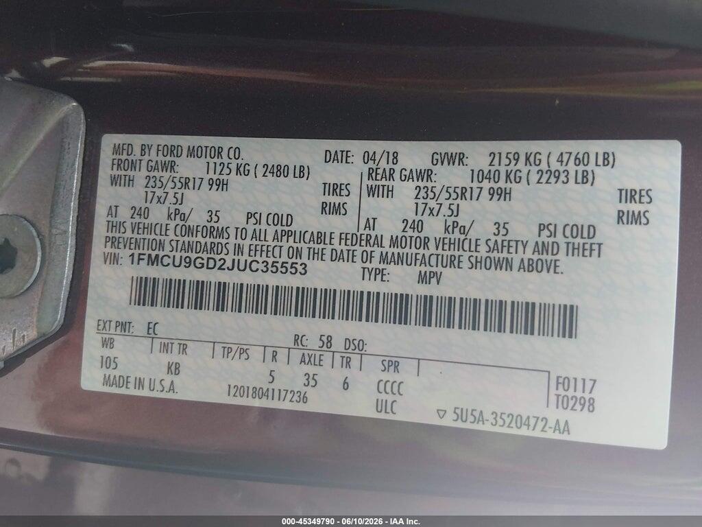1FMCU9GD2JUC35553 2018 FORD ESCAPE photo no. 9