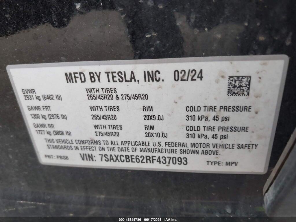 7SAXCBE62RF437093 2024 TESLA MODEL X photo no. 9
