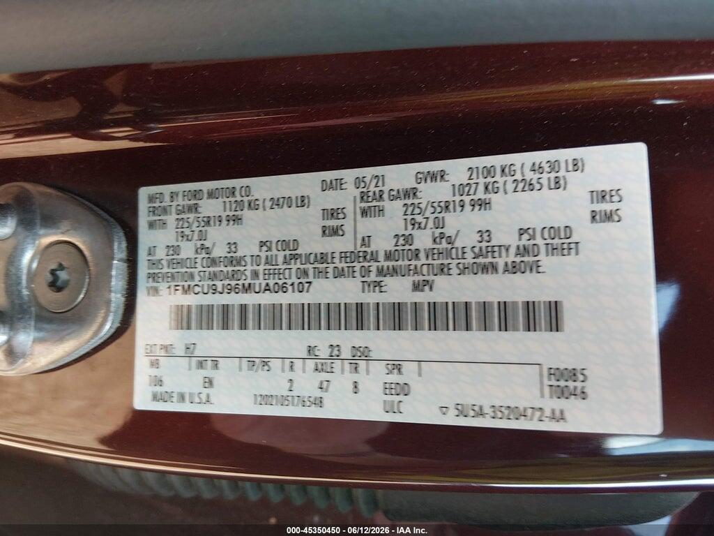 1FMCU9J96MUA06107 2021 FORD ESCAPE photo no. 9