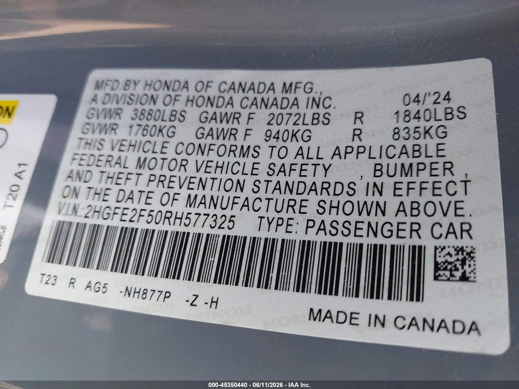 2HGFE2F50RH577325 2024 HONDA CIVIC photo no. 9