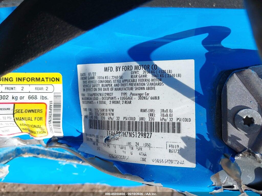 1FA6P8TH7N5129827 2022 FORD MUSTANG photo no. 9