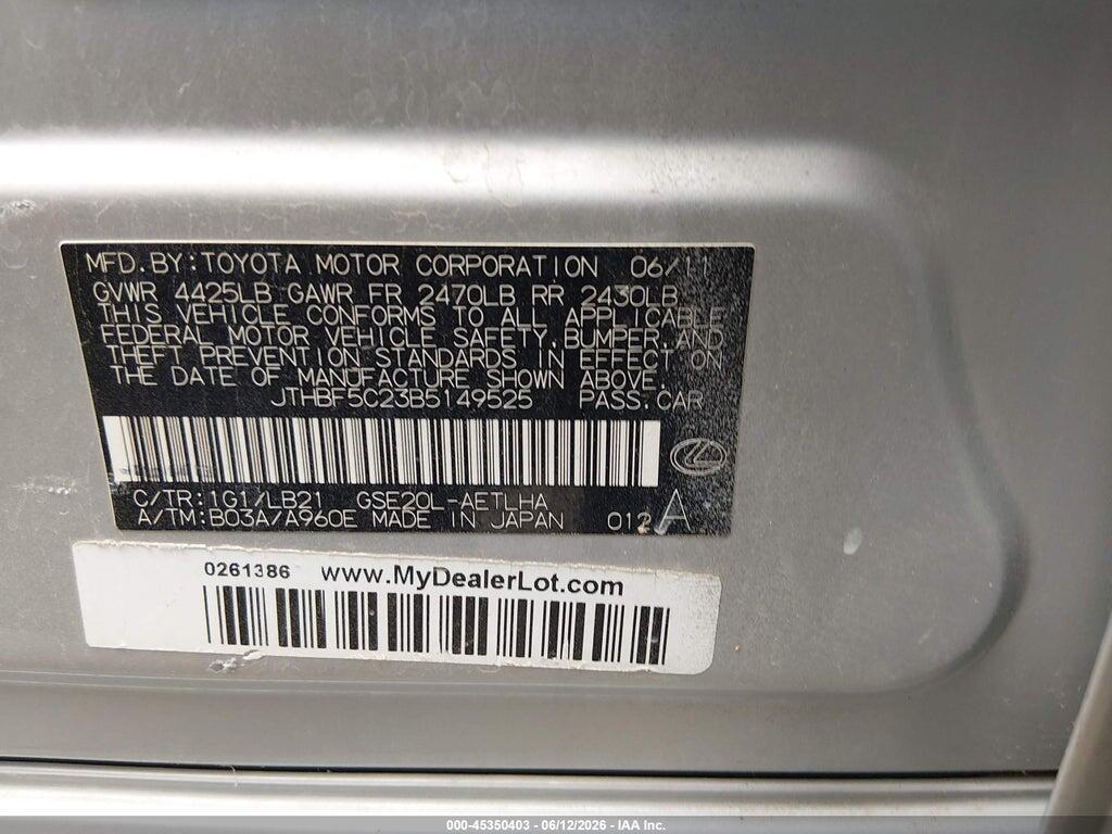 JTHBF5C23B5149525 2011 LEXUS IS 250 photo no. 9