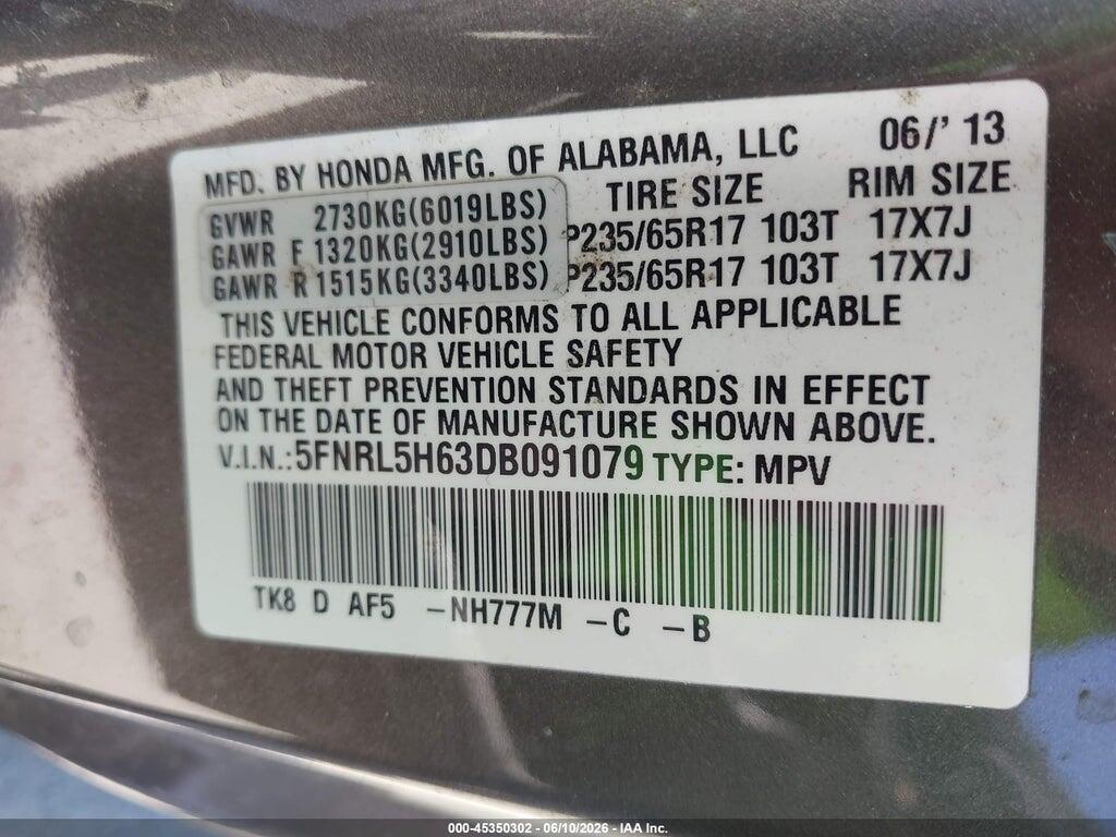 5FNRL5H63DB091079 2013 HONDA ODYSSEY photo no. 9