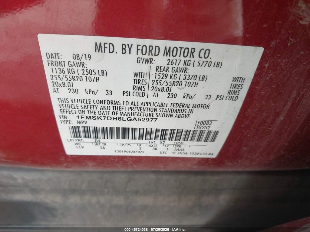 1FMSK7DH6LGA52977 2020 FORD EXPLORER photo no. 9
