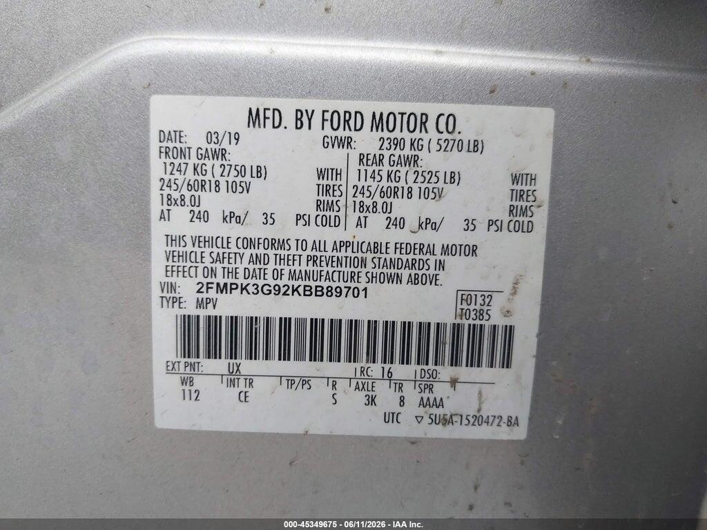 2FMPK3G92KBB89701 2019 FORD EDGE photo no. 9