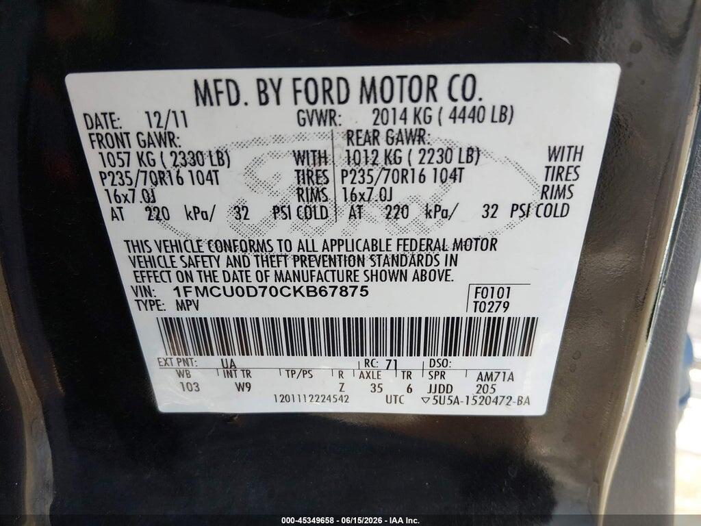1FMCU0D70CKB67875 2012 FORD ESCAPE photo no. 9