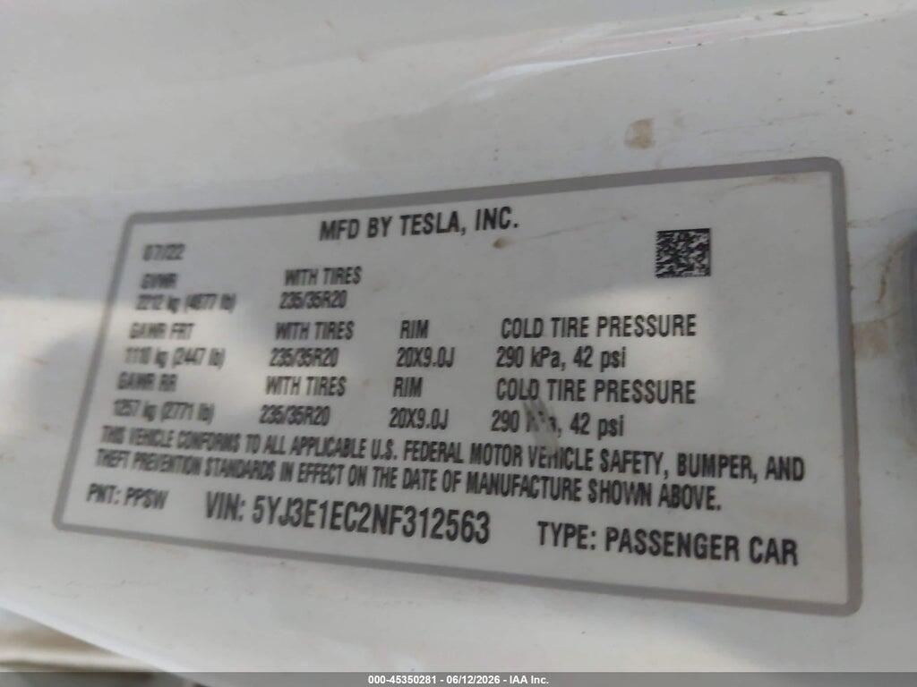 5YJ3E1EC2NF312563 2022 TESLA MODEL 3 photo no. 9