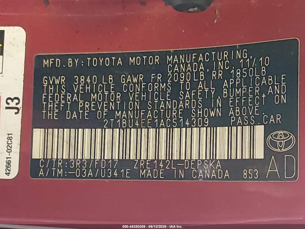 2T1BU4EE1AC514309 2010 TOYOTA COROLLA photo no. 9