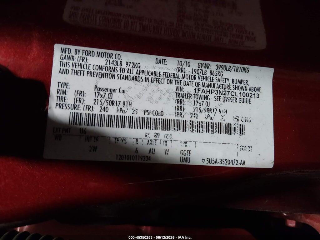 1FAHP3N27CL100213 2012 FORD FOCUS photo no. 9