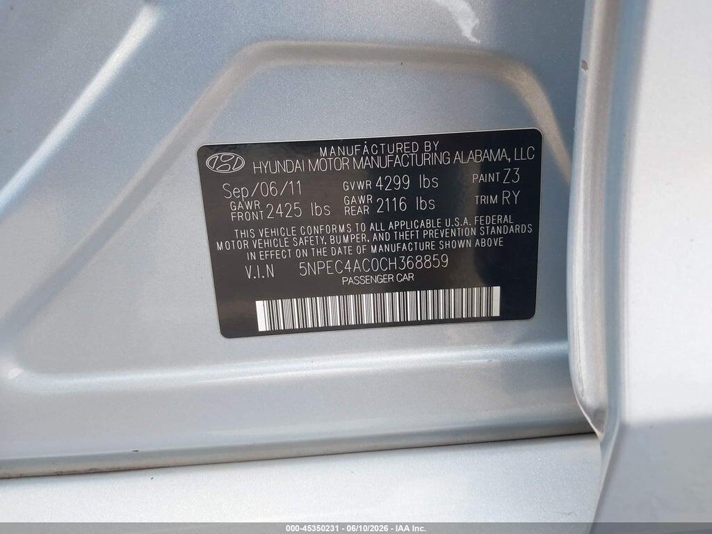 5NPEC4AC0CH368859 2012 HYUNDAI SONATA photo no. 9