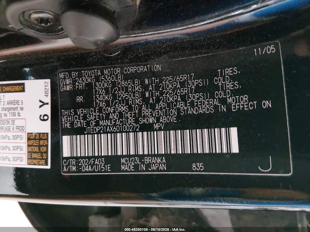 JTEDP21AX60100272 2006 TOYOTA HIGHLANDER photo no. 9