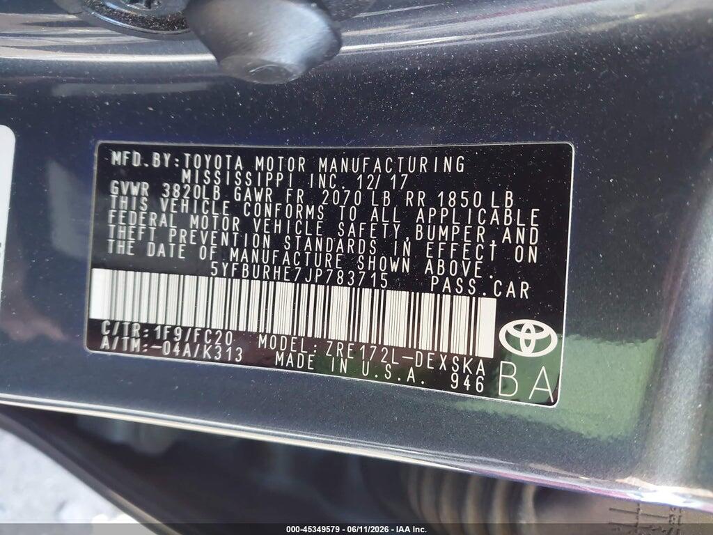 5YFBURHE7JP783715 2018 TOYOTA COROLLA photo no. 9