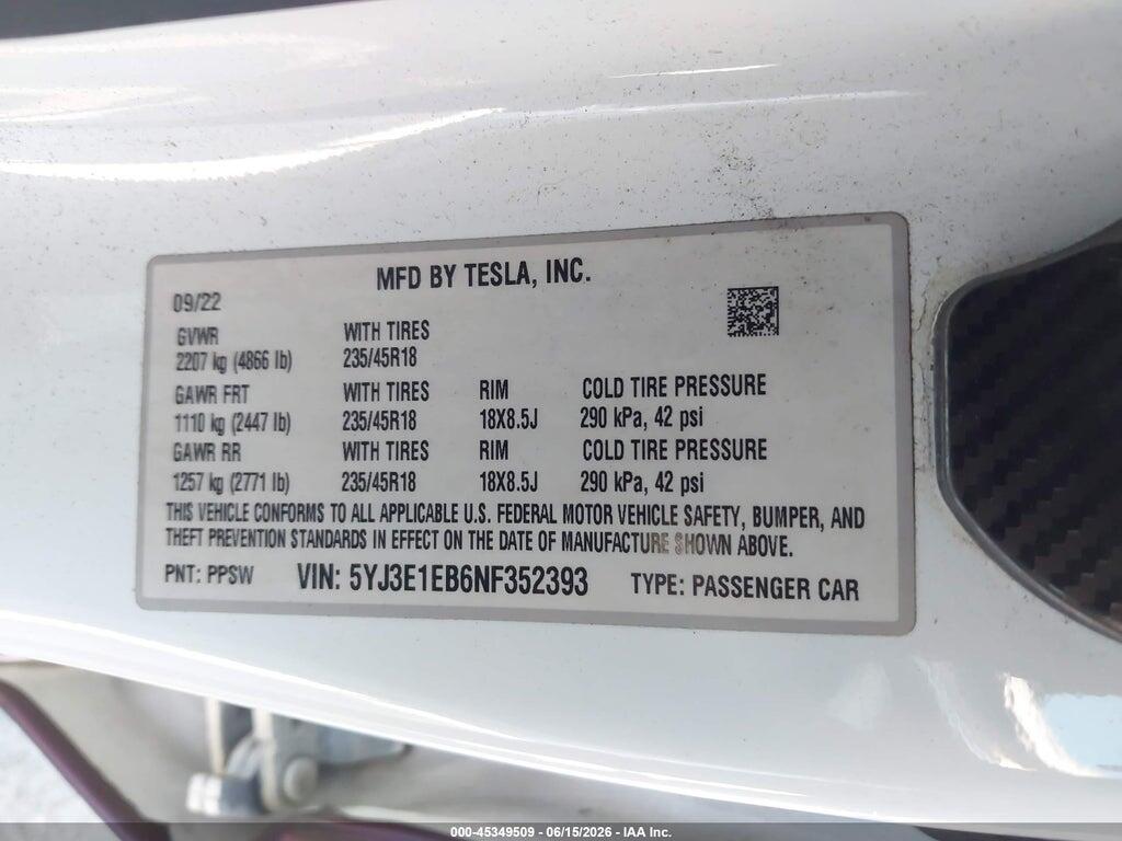 5YJ3E1EB6NF352393 2022 TESLA MODEL 3 photo no. 9