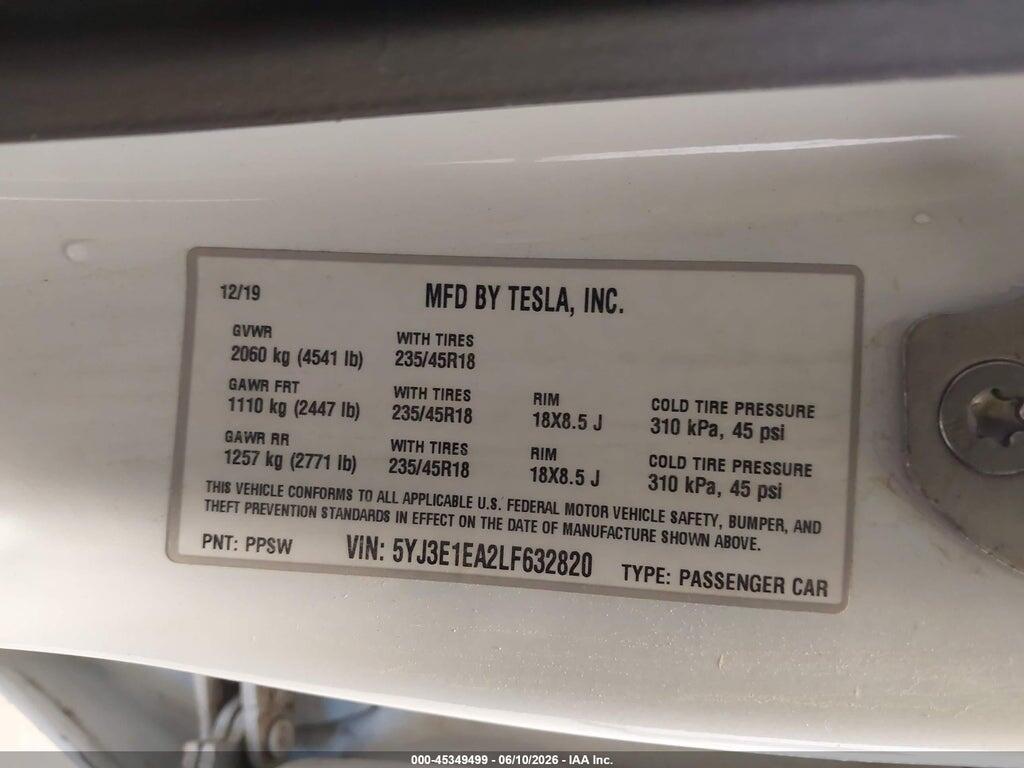 5YJ3E1EA2LF632820 2020 TESLA MODEL 3 photo no. 9