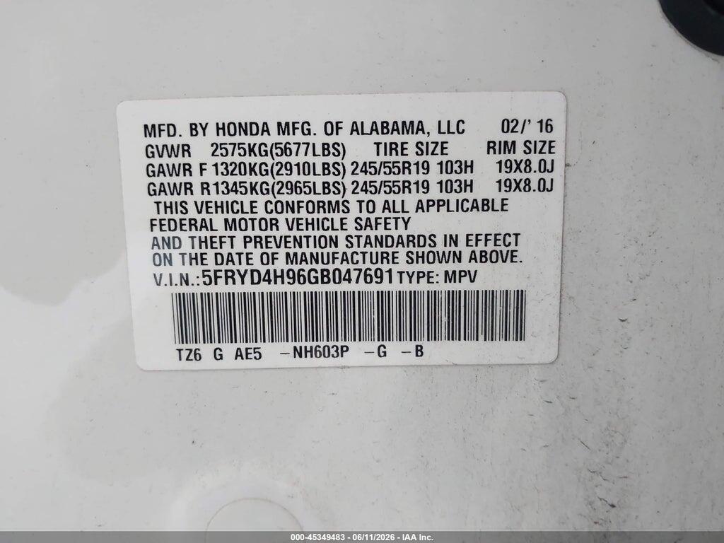 5FRYD4H96GB047691 2016 ACURA MDX photo no. 9