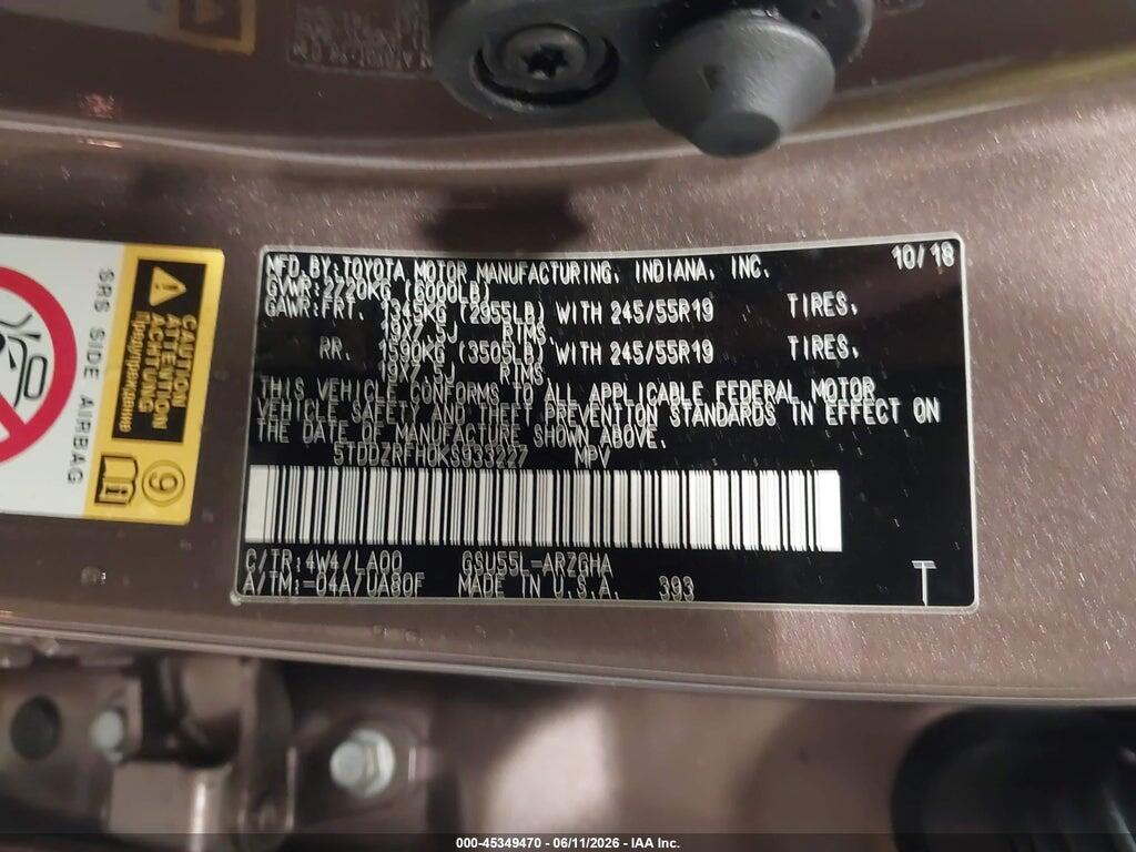 5TDDZRFH0KS933227 2019 TOYOTA HIGHLANDER photo no. 9
