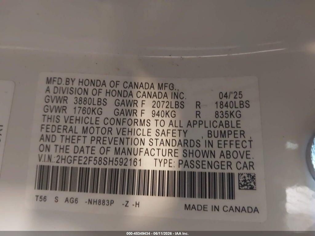 2HGFE2F58SH592161 2025 HONDA CIVIC photo no. 9
