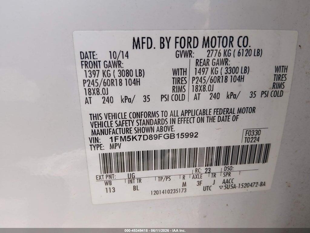 1FM5K7D89FGB15992 2015 FORD EXPLORER photo no. 9