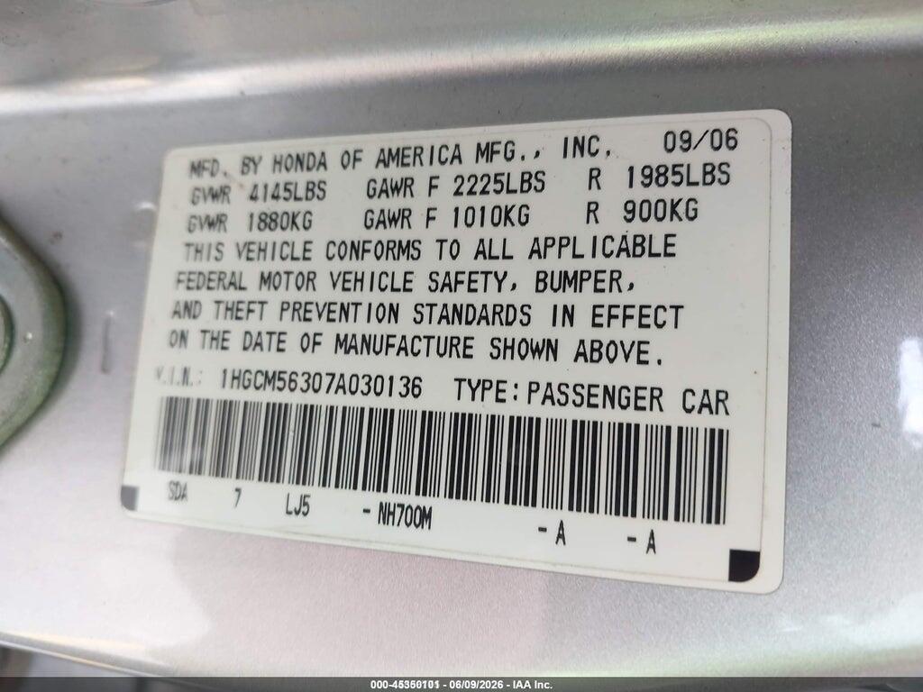 1HGCM56307A030136 2007 HONDA ACCORD photo no. 9