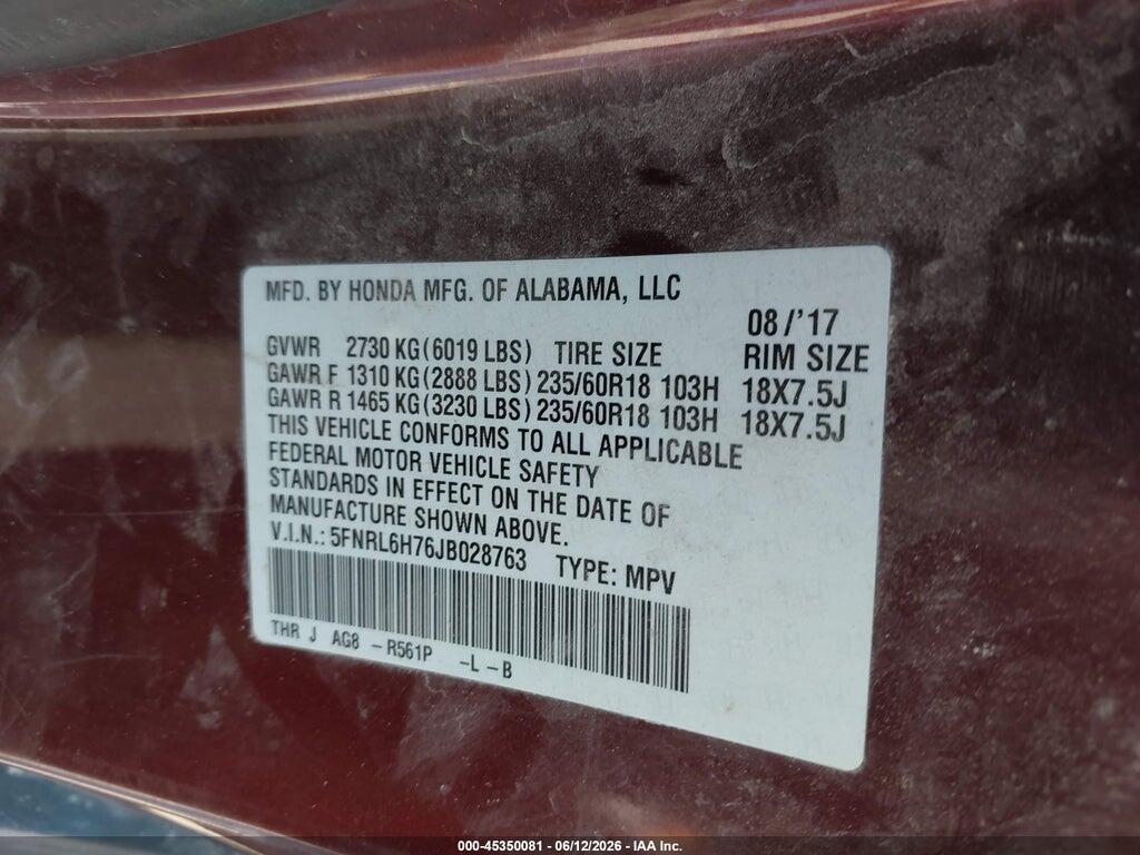 5FNRL6H76JB028763 2018 HONDA ODYSSEY photo no. 9