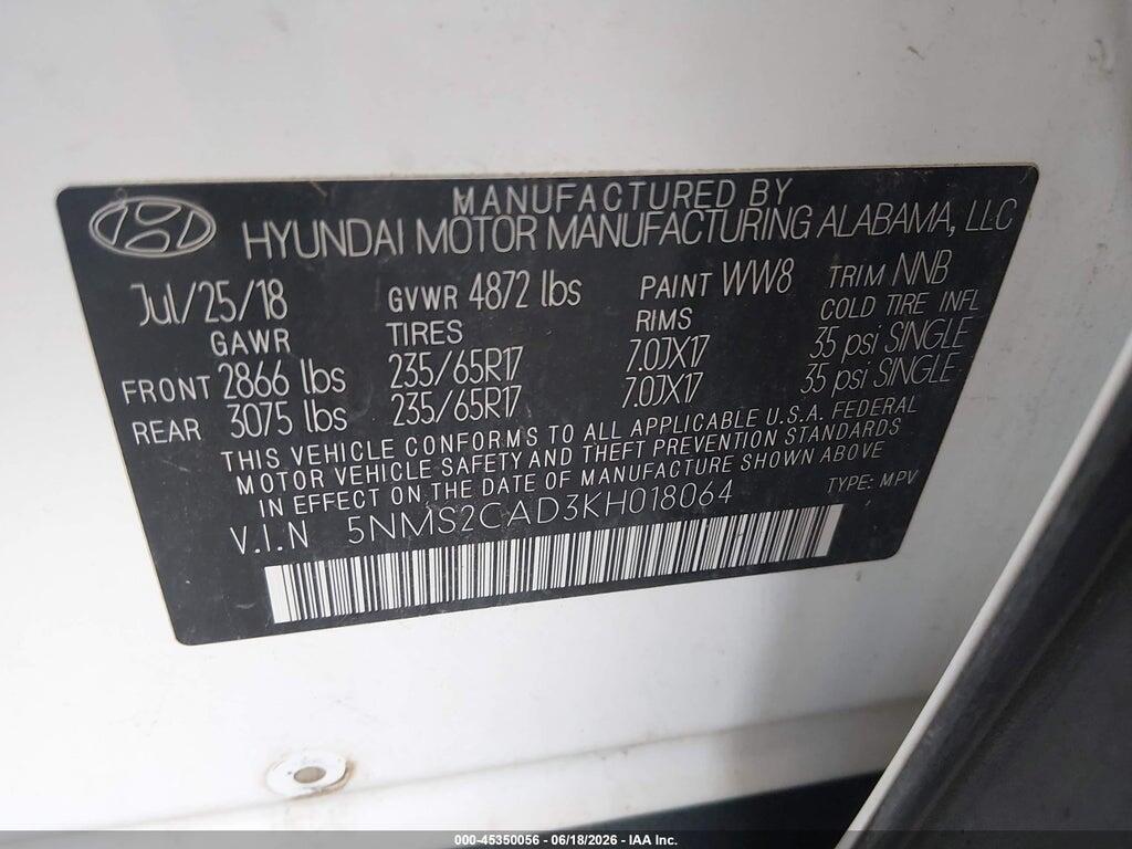 5NMS2CAD3KH018064 2019 HYUNDAI SANTA FE photo no. 9