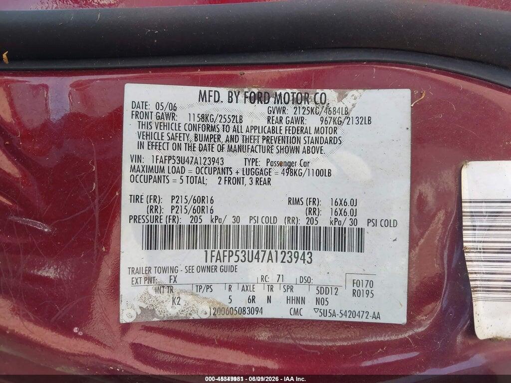1FAFP53U47A123943 2007 FORD TAURUS photo no. 9