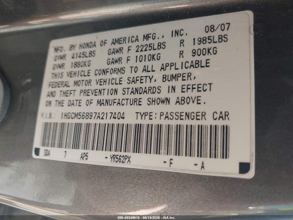 1HGCM56897A217404 2007 HONDA ACCORD photo no. 9