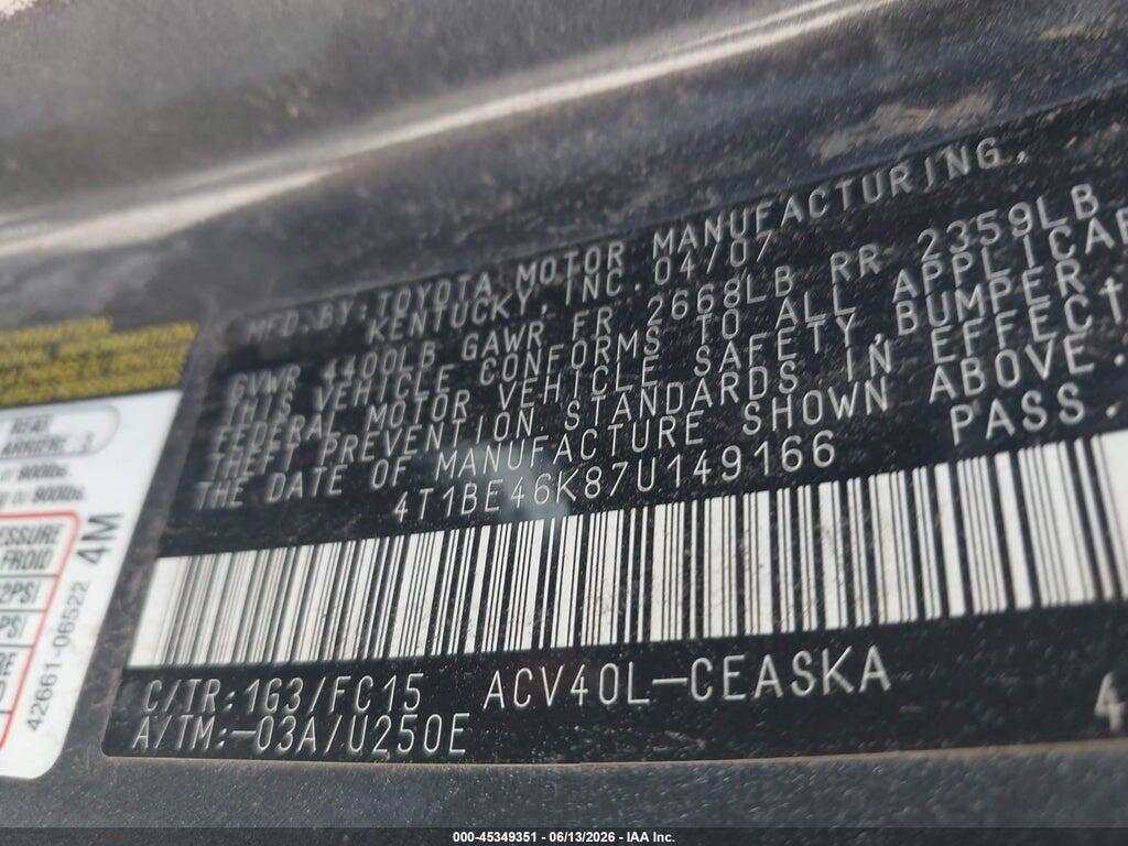 4T1BE46K87U149166 2007 TOYOTA CAMRY photo no. 9