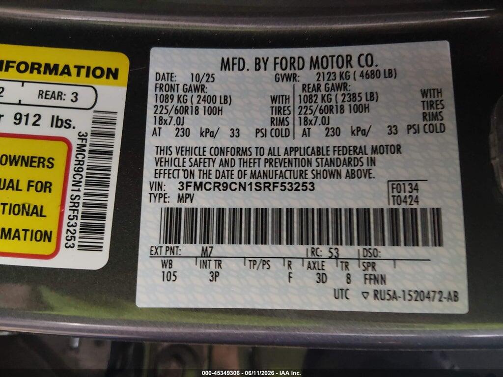 3FMCR9CN1SRF53253 2025 FORD BRONCO SPORT photo no. 9