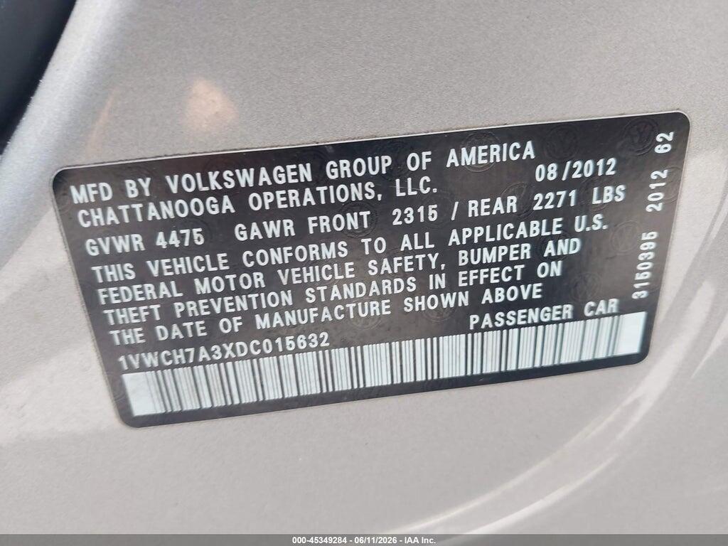 1VWCH7A3XDC015632 2013 VOLKSWAGEN PASSAT photo no. 9