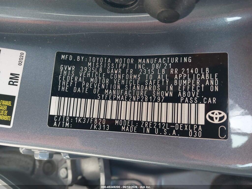 5YFEPMAE2NP281797 2022 TOYOTA COROLLA photo no. 9
