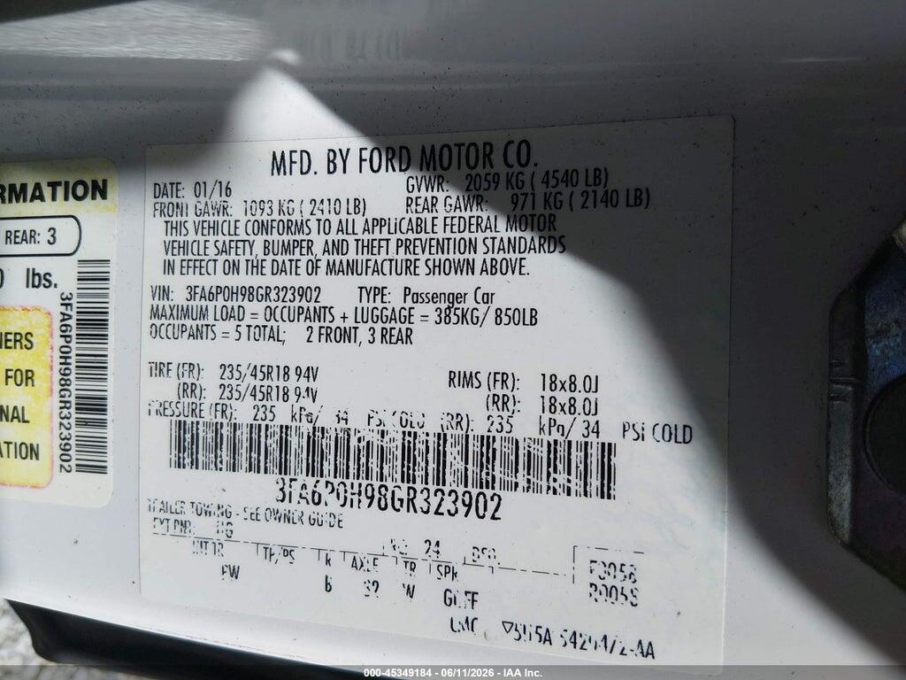 3FA6P0H98GR323902 2016 FORD FUSION photo no. 9