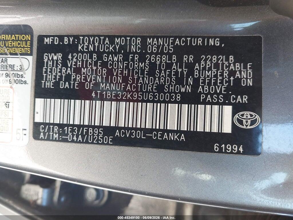 4T1BE32K95U630038 2005 TOYOTA CAMRY photo no. 9