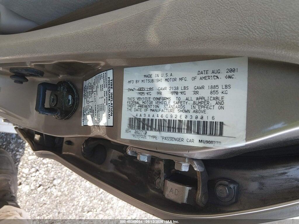 4A3AA46G92E030016 2002 MITSUBISHI GALANT photo no. 9