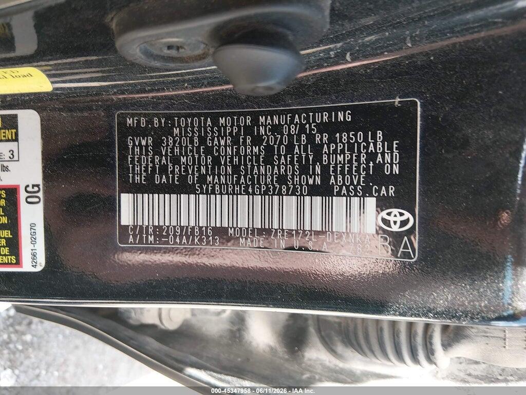 5YFBURHE4GP378730 2016 TOYOTA COROLLA photo no. 9