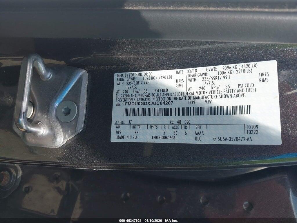 1FMCU0GDXJUC04207 2018 FORD ESCAPE photo no. 9