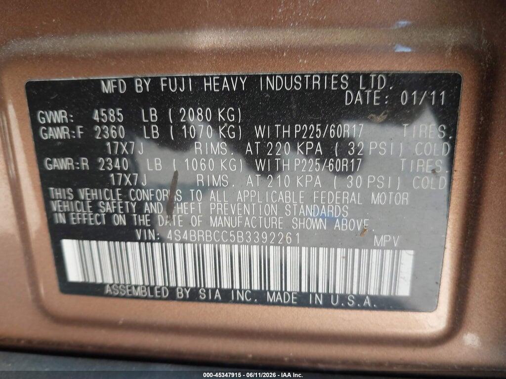 4S4BRBCC5B3392261 2011 SUBARU OUTBACK photo no. 9