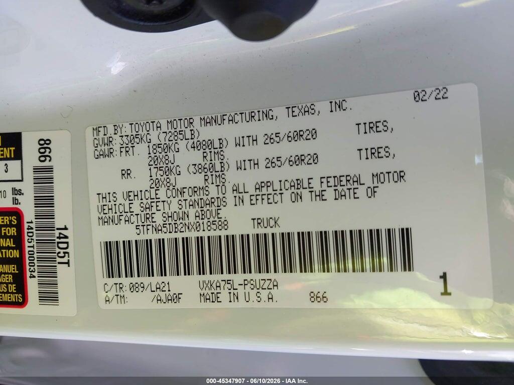 5TFNA5DB2NX018588 2022 TOYOTA TUNDRA photo no. 9