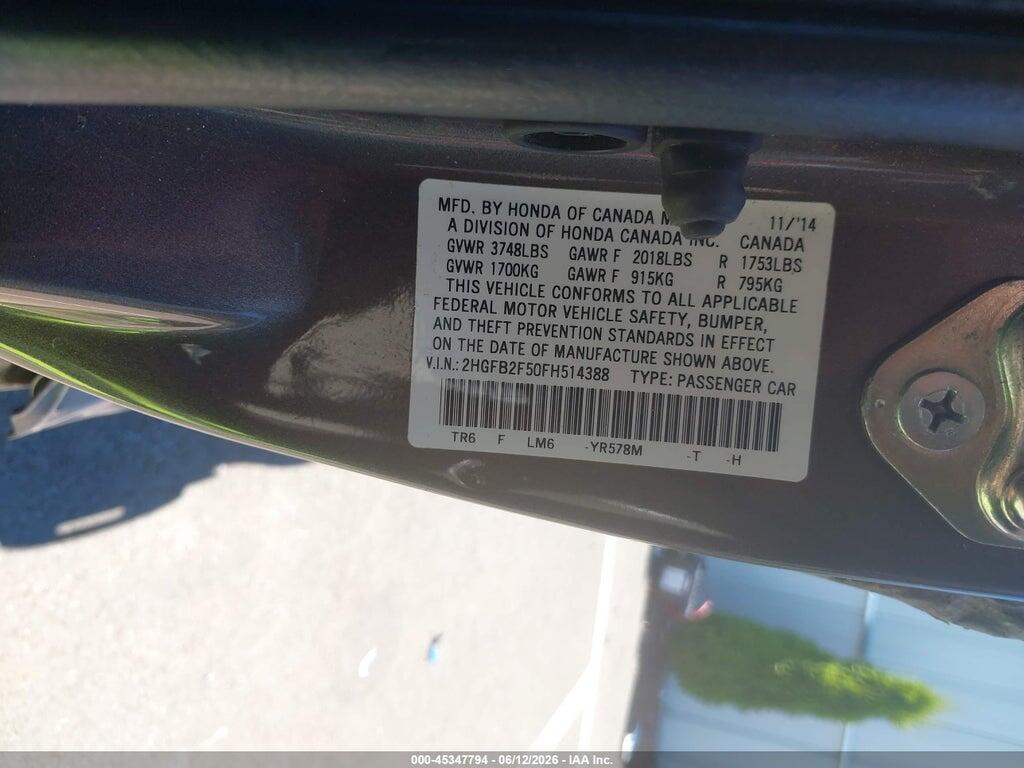 2HGFB2F50FH514388 2015 HONDA CIVIC photo no. 9