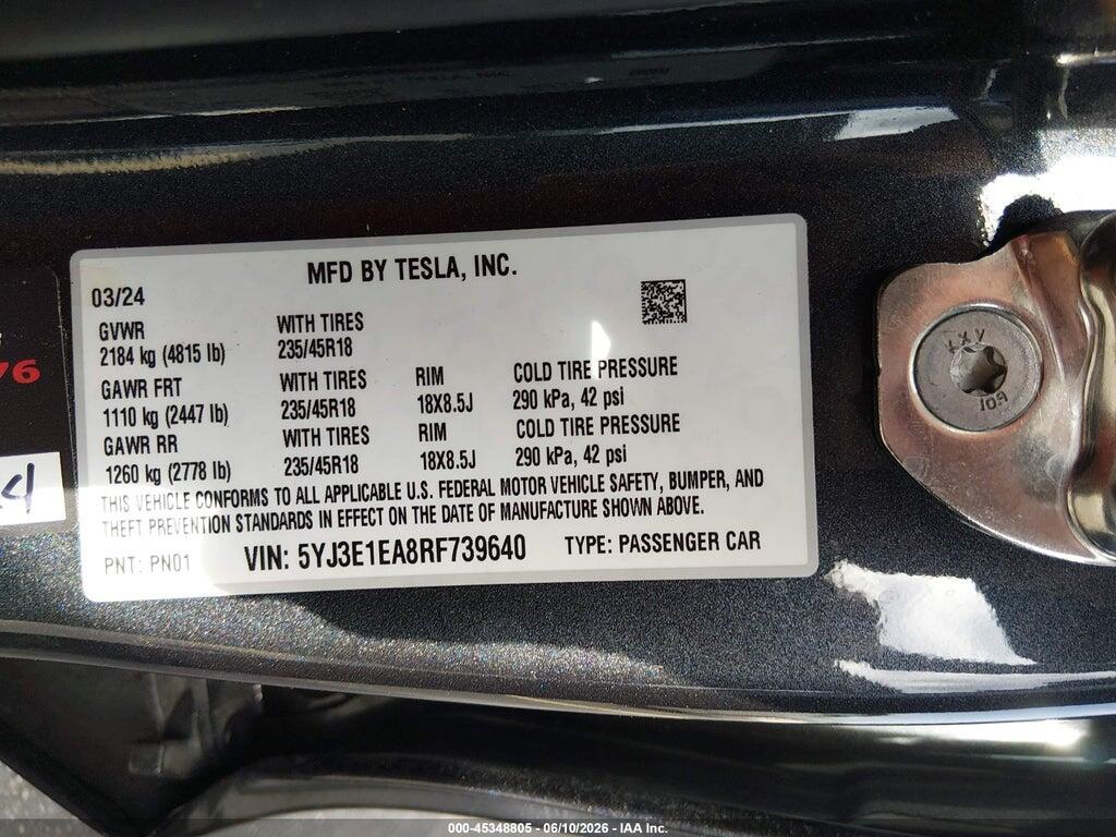 5YJ3E1EA8RF739640 2024 TESLA MODEL 3 photo no. 9