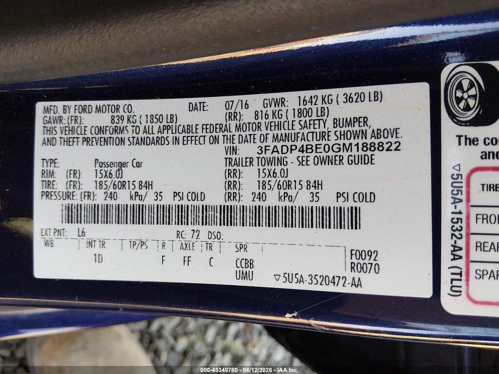 3FADP4BE0GM188822 2016 FORD FIESTA photo no. 9