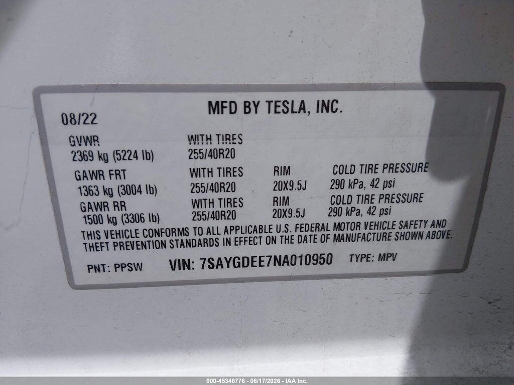 7SAYGDEE7NA010950 2022 TESLA MODEL Y photo no. 9