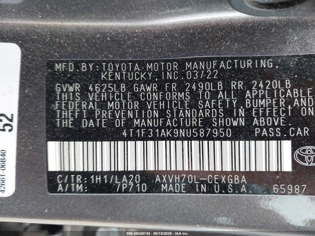 4T1F31AK9NU587950 2022 TOYOTA CAMRY photo no. 9